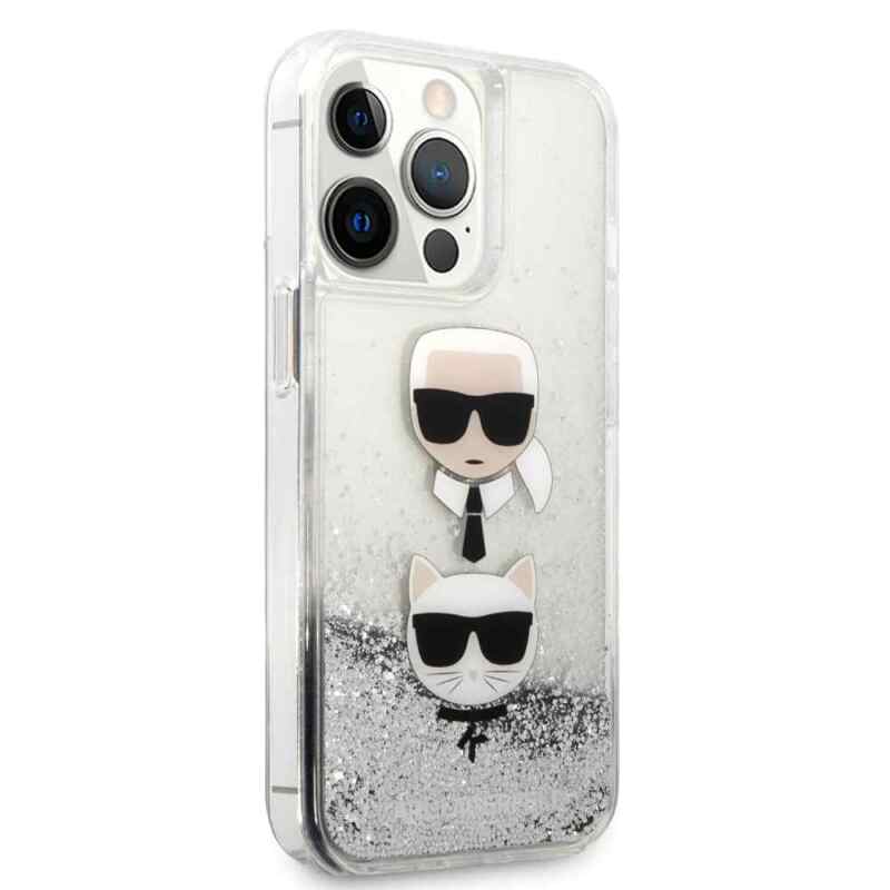Maska Karl Lagerfeld Hc Liquid Glitter 2 Heads za iPhone 14 Pro 6.1 srebrna KLHCP14LKICGLS