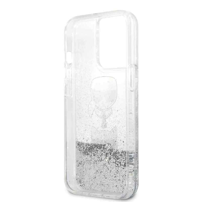 Maska Karl Lagerfeld Hc Liquid Glitter 2 Heads za iPhone 14 Pro Max 6.7 srebrna KLHCP14XKICGLS