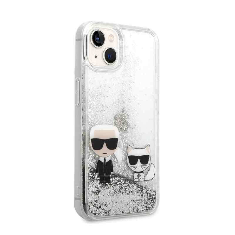 Maska Karl Lagerfeld Hc Liquid Glitter Karl&Choupette za iPhone 14 6.1 srebrna KLHCP14SGKCS