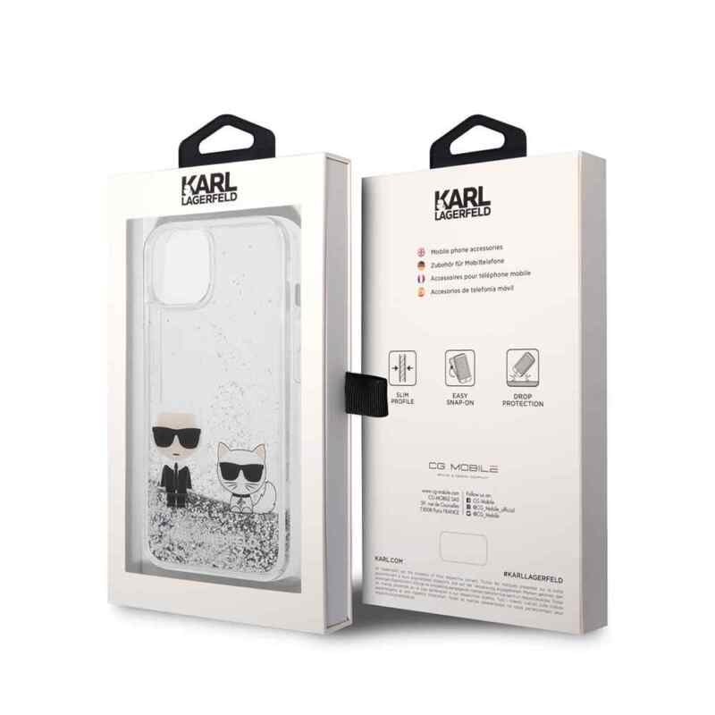 Maska Karl Lagerfeld Hc Liquid Glitter Karl&Choupette za iPhone 14 6.1 srebrna KLHCP14SGKCS