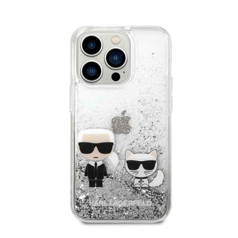 Maska Karl Lagerfeld Hc Liquid Glitter Karl&Choupette za iPhone 14 Pro 6.1 srebrna KLHCP14LGKCS