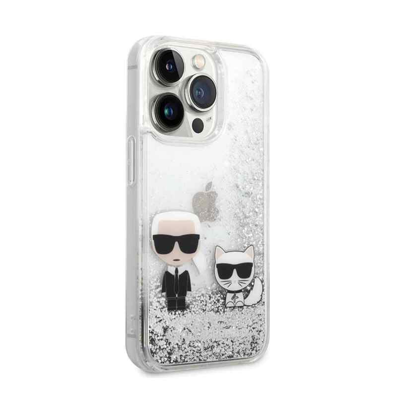 Maska Karl Lagerfeld Hc Liquid Glitter Karl&Choupette za iPhone 14 Pro 6.1 srebrna KLHCP14LGKCS