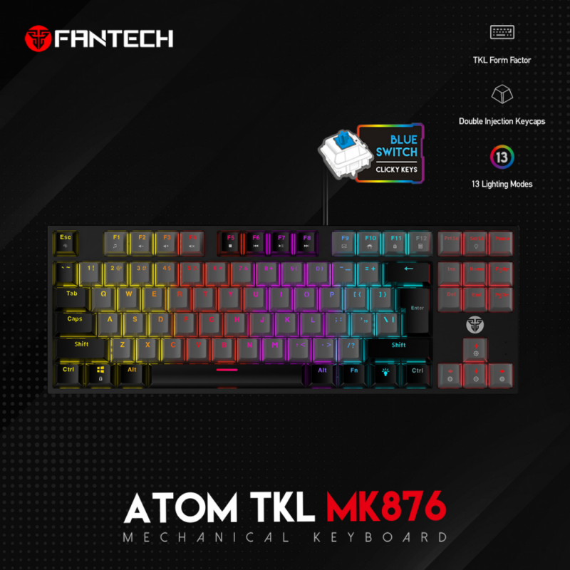 Tastatura Mehanicka Gaming Fantech MK876 RGB Atom TKL siva Blue switch